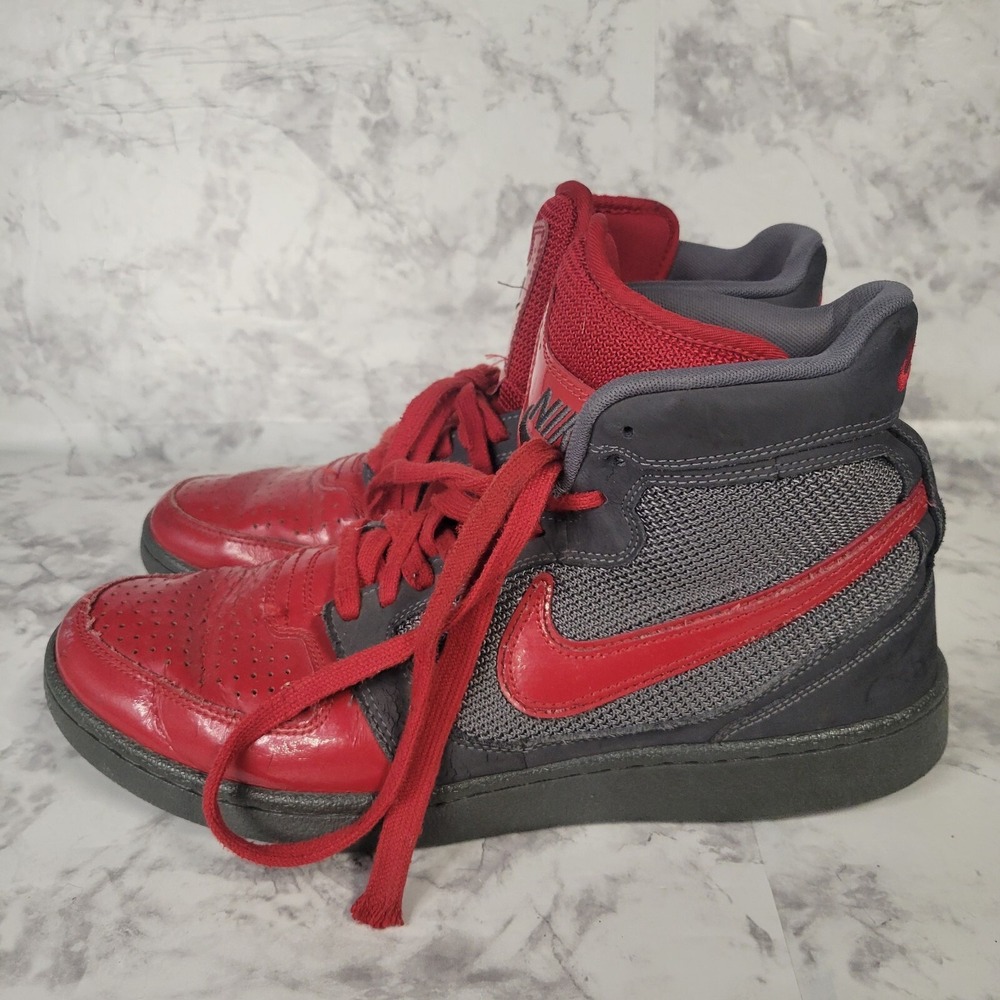 Nike High Top Sneakers Red Charcoal Grey Mesh Athletic Shoes Mens Basketball - Picture 6 of 10